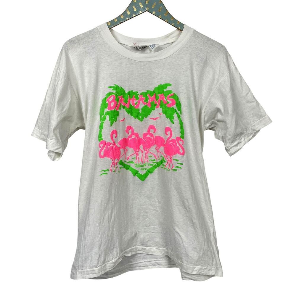 Vintage Bahamas T Shirt Large White Neon Puff Paint Tropical Single Stitch 80s - Picture 2 of 14